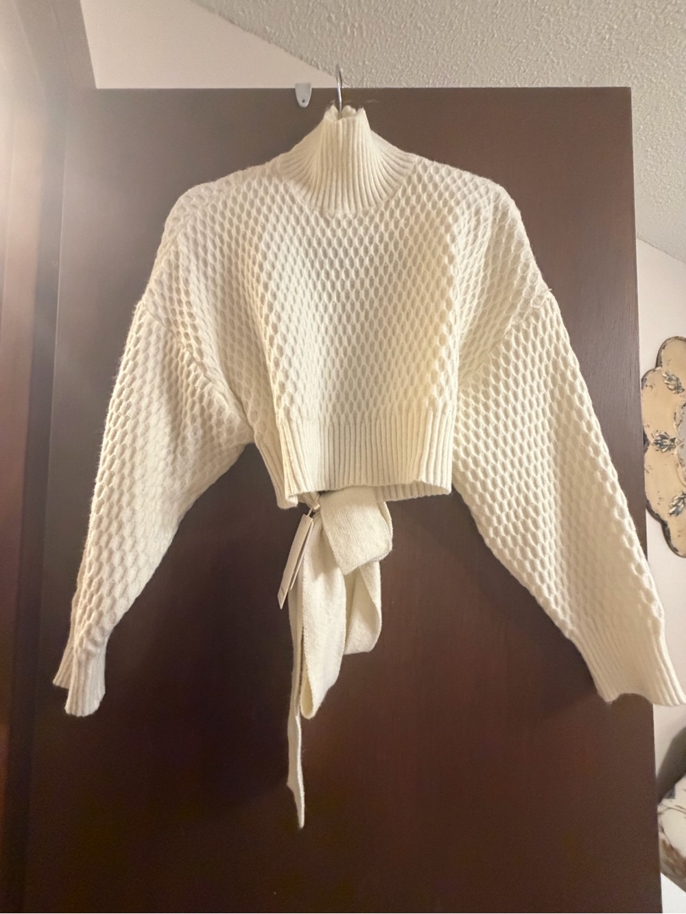 Commense Cream Cropped Turtleneck Sweater with Tie-Back